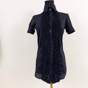 JEAN PAUL GAULTIER JPG BLACK BUTTON UP COLLARED SHIRT WITH RUFFLES